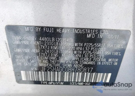 2011 Subaru Forester 2.5X Touring from USA, damaged, VIN JF2SHAGC0BH780837